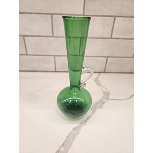 MCM‎ Green glass Bud Flower Vase with Applied Clear Handle Vintage 8 Inches Tall